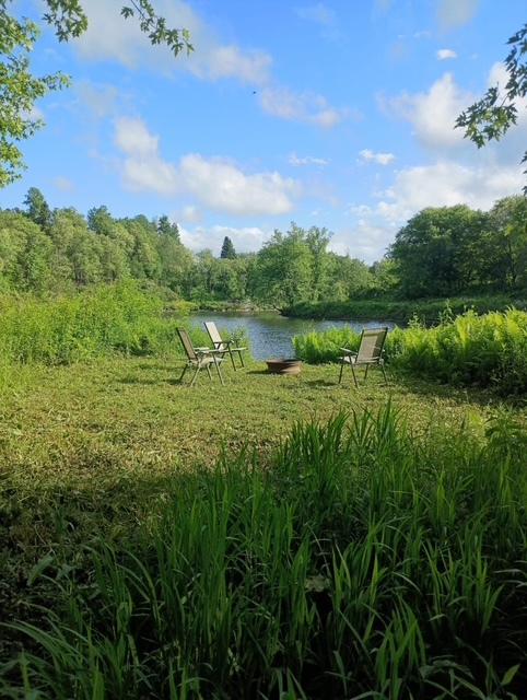 Public seating area by the river